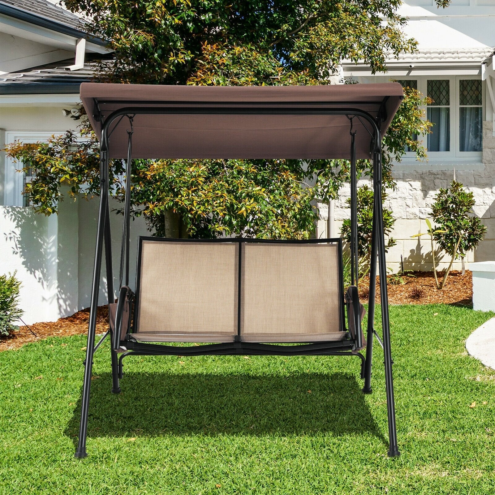 2 Seat Patio Porch Swing with Adjustable Canopy Storage Pockets Brown, Brown Porch Swings   at Gallery Canada