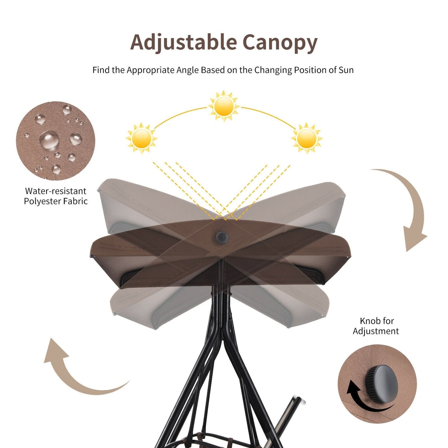 2 Seat Patio Porch Swing with Adjustable Canopy Storage Pockets Brown, Brown Porch Swings   at Gallery Canada