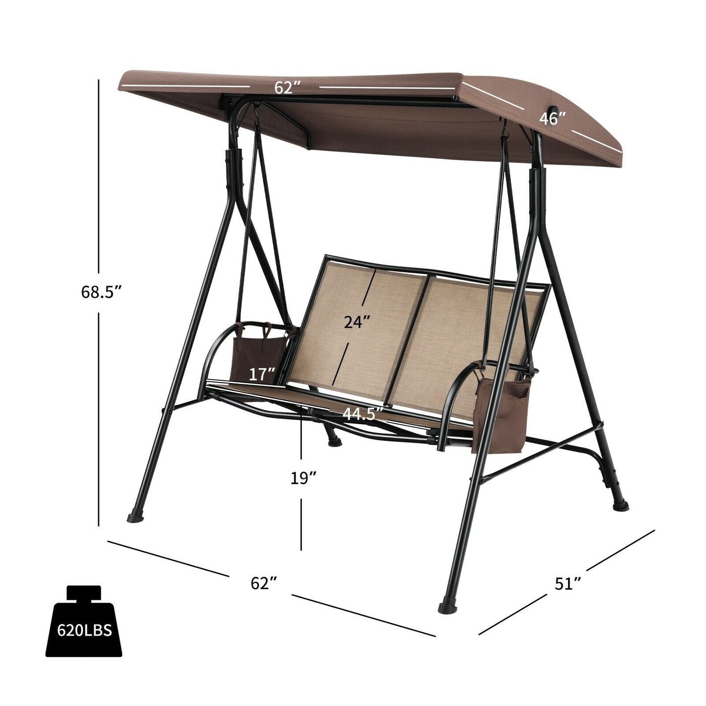 2 Seat Patio Porch Swing with Adjustable Canopy Storage Pockets Brown, Brown Porch Swings   at Gallery Canada