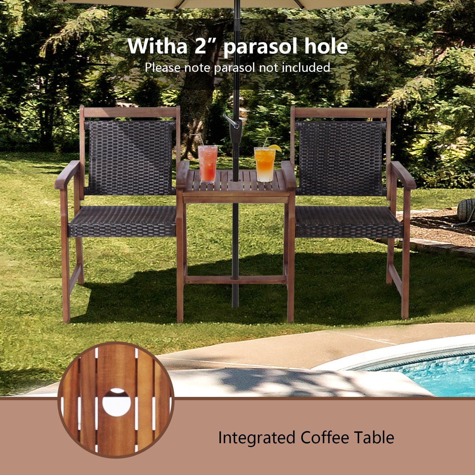 2-Seat Patio Rattan Acacia Wood Chair with Coffee Table, Brown Patio Conversation Sets   at Gallery Canada