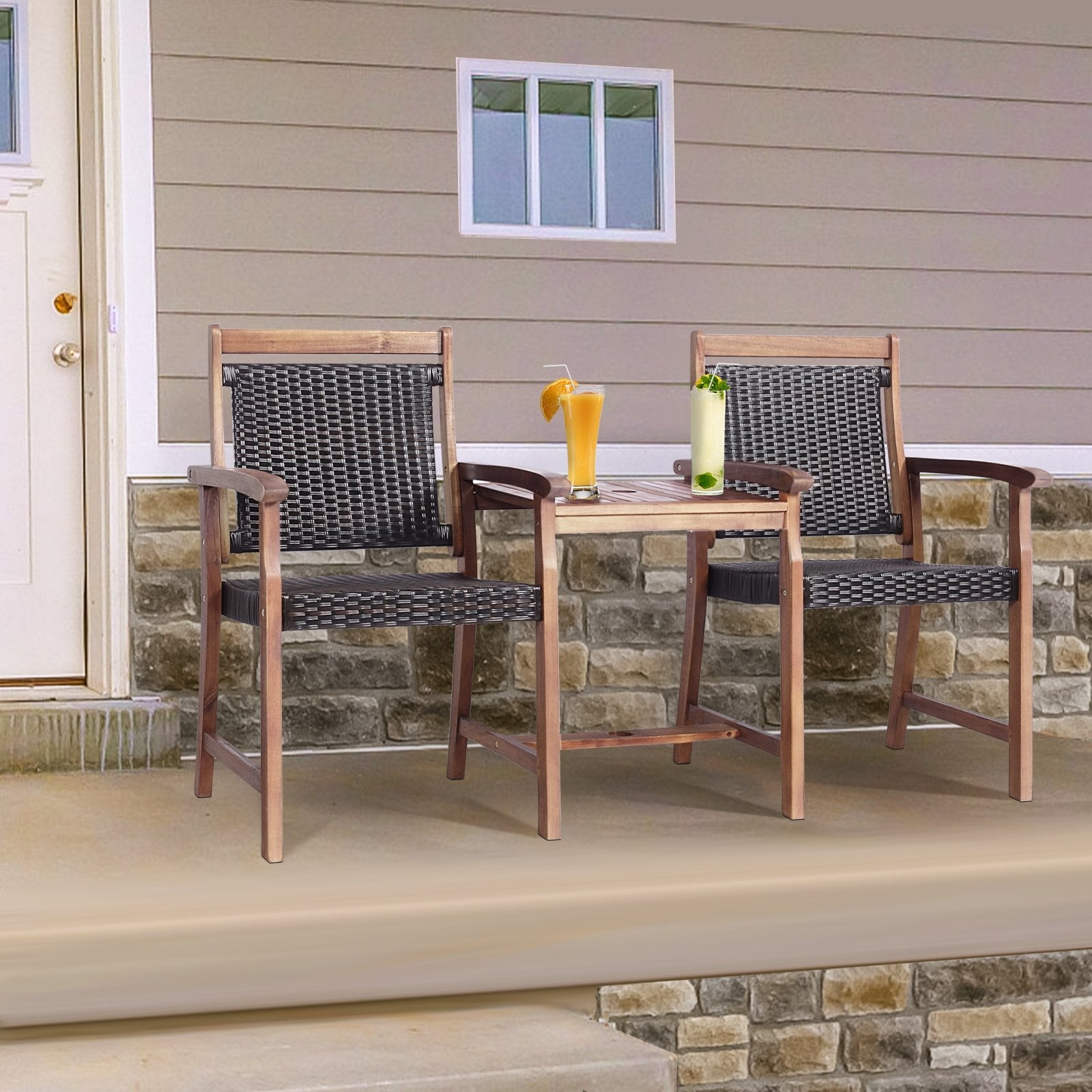 2-Seat Patio Rattan Acacia Wood Chair with Coffee Table, Brown Patio Conversation Sets   at Gallery Canada