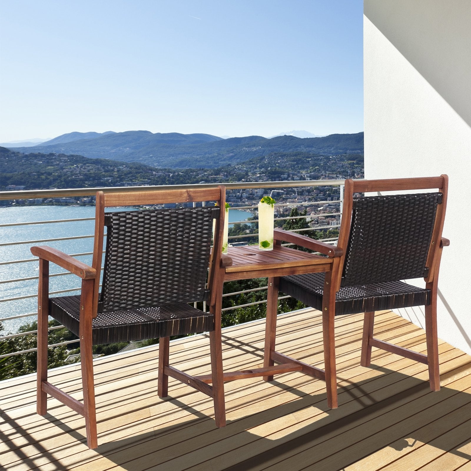 2-Seat Patio Rattan Acacia Wood Chair with Coffee Table, Brown Patio Conversation Sets   at Gallery Canada