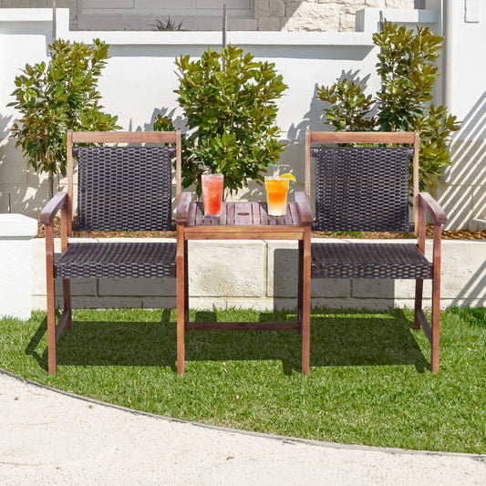 2-Seat Patio Rattan Acacia Wood Chair with Coffee Table, Brown Patio Conversation Sets   at Gallery Canada