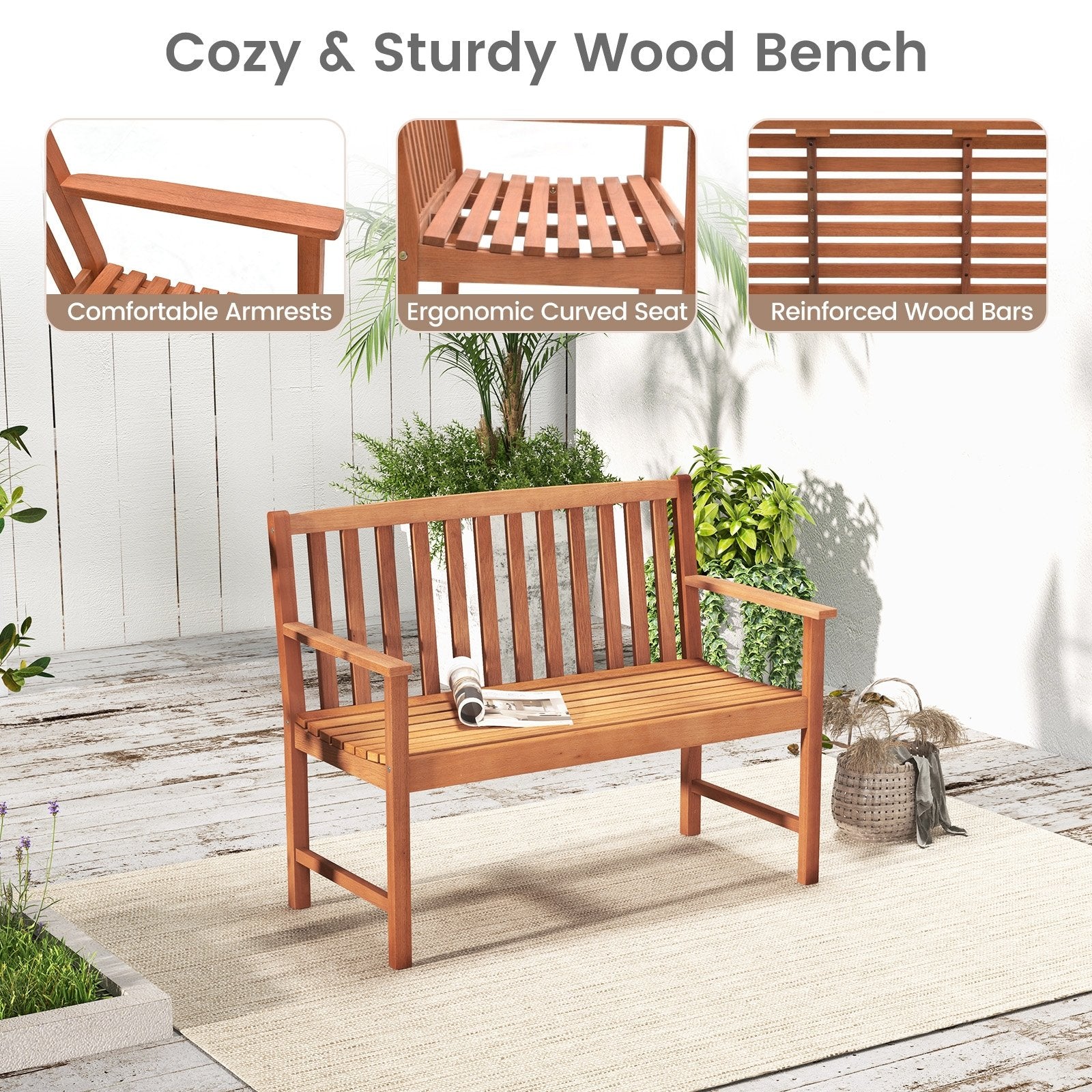 2-Seat Patio Wood Bench with Cozy Armrests and Backrest, Natural Outdoor Benches   at Gallery Canada