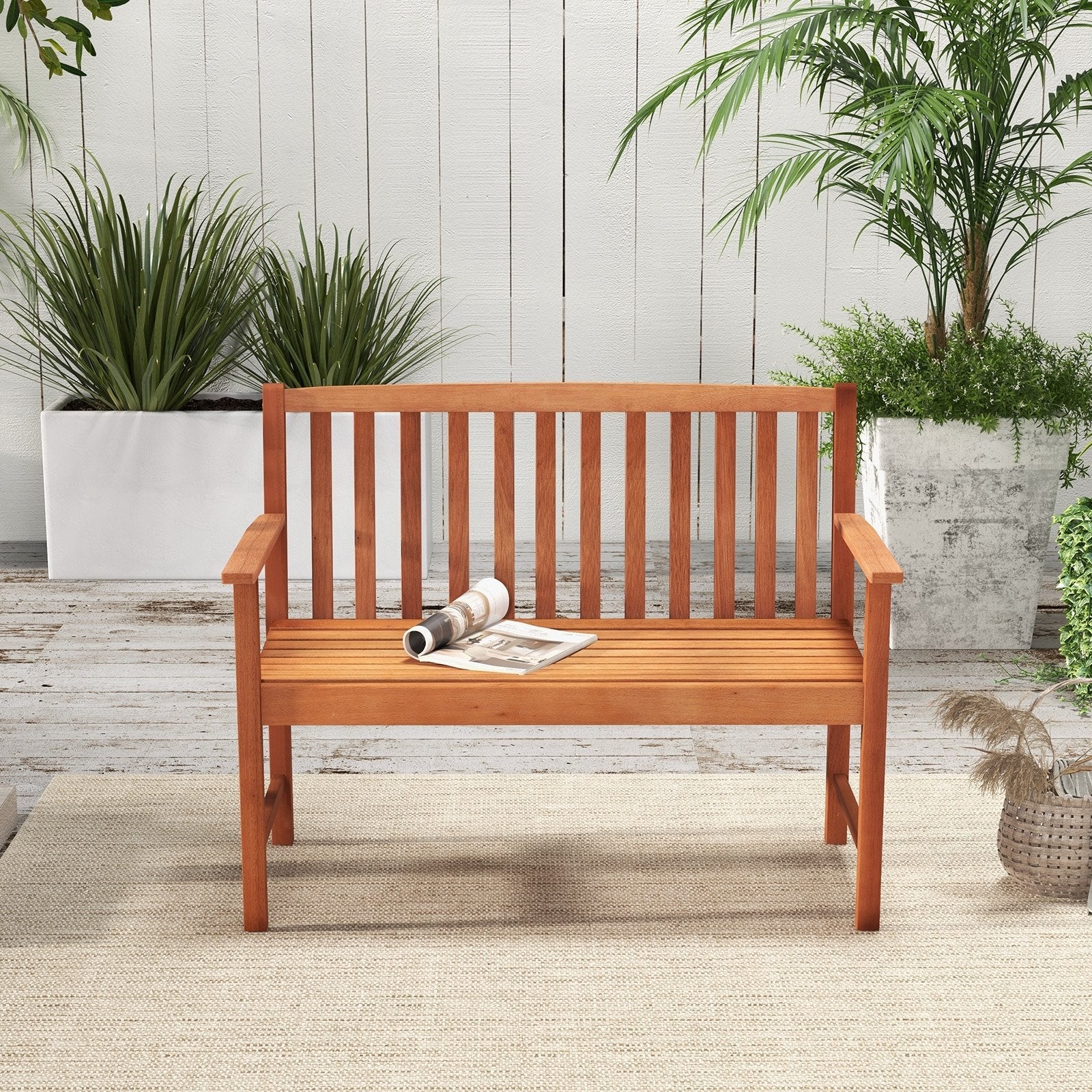 2-Seat Patio Wood Bench with Cozy Armrests and Backrest, Natural Outdoor Benches   at Gallery Canada