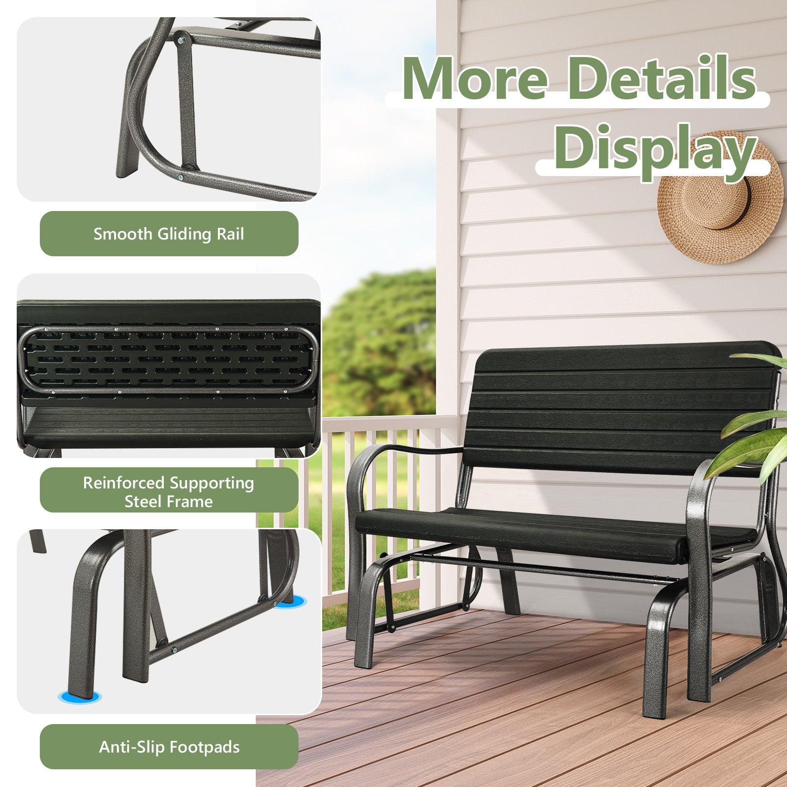 2-Seat Porch Glider with HDPE Back Seat and Steel Frame, Black Patio Rocking Chairs & Gliders   at Gallery Canada