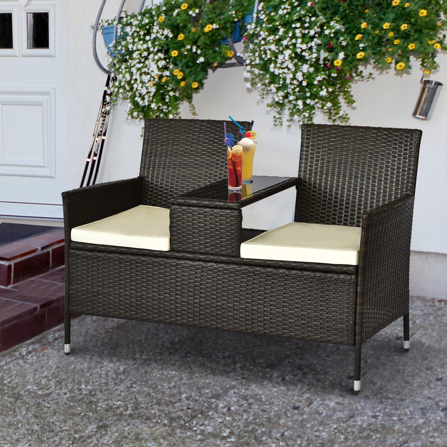 2 Seat Rattan Wicker Chair Garden Bench with Tea Table Backyard All Weather Padded Seat, Brown Patio Chairs   at Gallery Canada