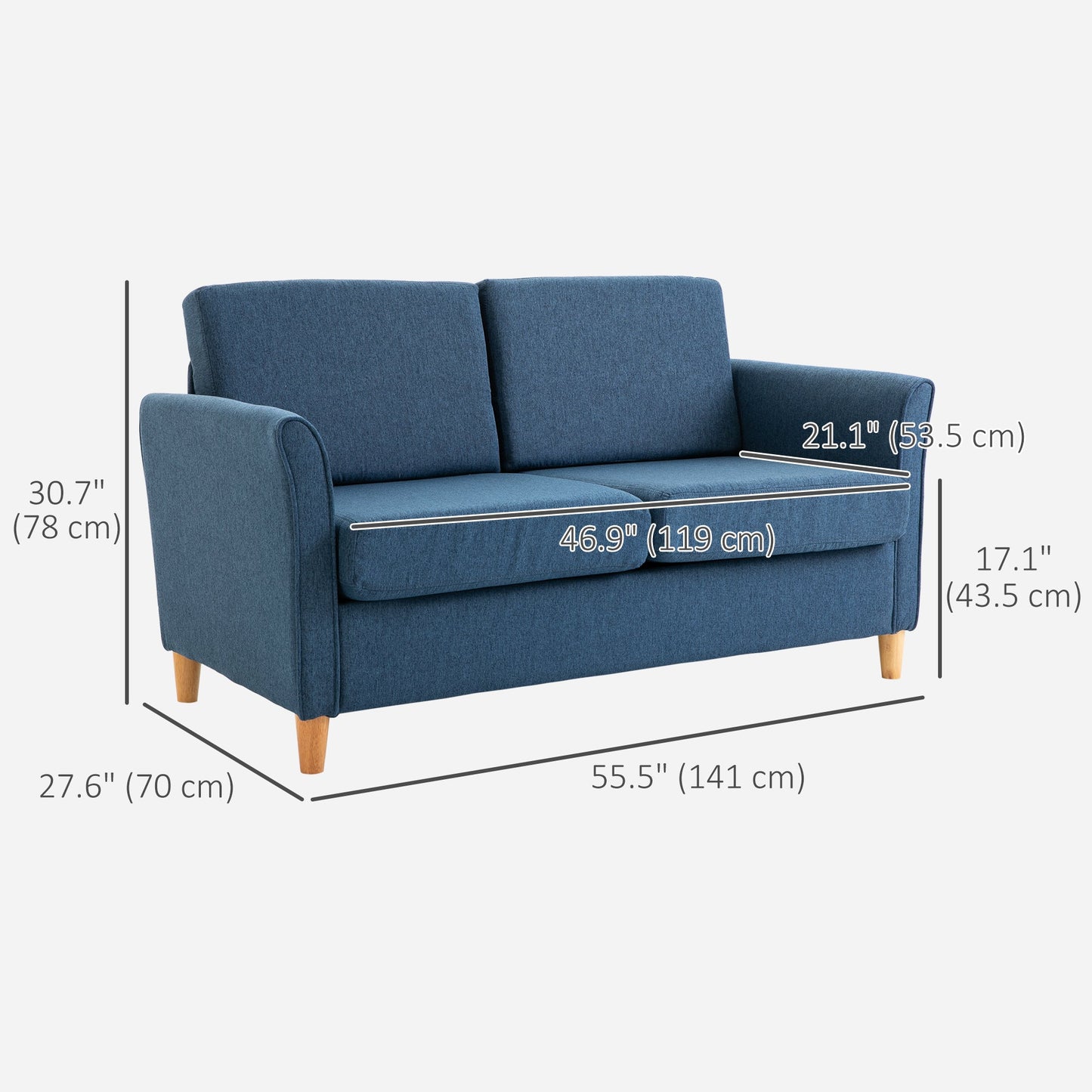 2-Seat Sofa Two-Seater Couch with Armrests and Wood Legs for Living Room, Bedroom, Blue 2-Seater Sofas   at Gallery Canada