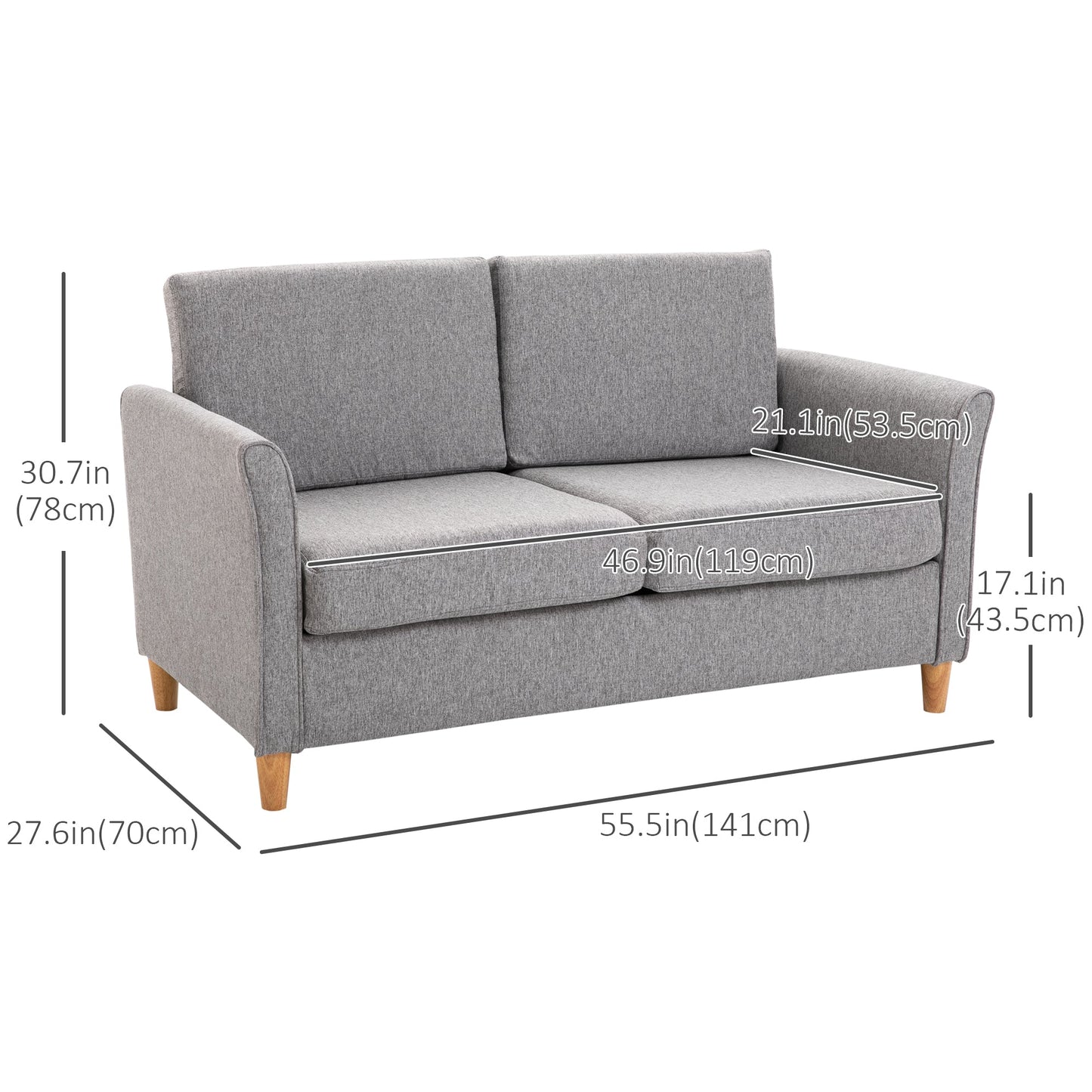 2-Seat Sofa Two-Seater Couch with Armrests and Wood Legs for Living Room, Bedroom, Light Grey 2-Seater Sofas   at Gallery Canada