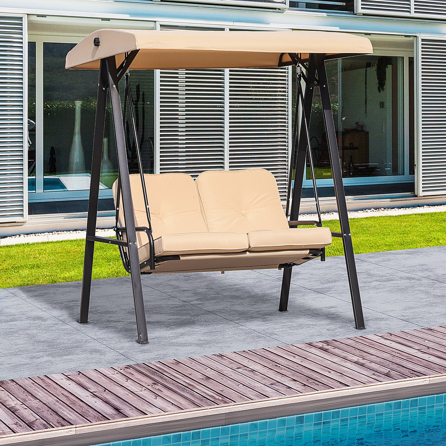 2 Seater Covered Outdoor Swing Chair Hammock Bench with Cushion Tilt Canopy Beige Patio Swings with Stand   at Gallery Canada