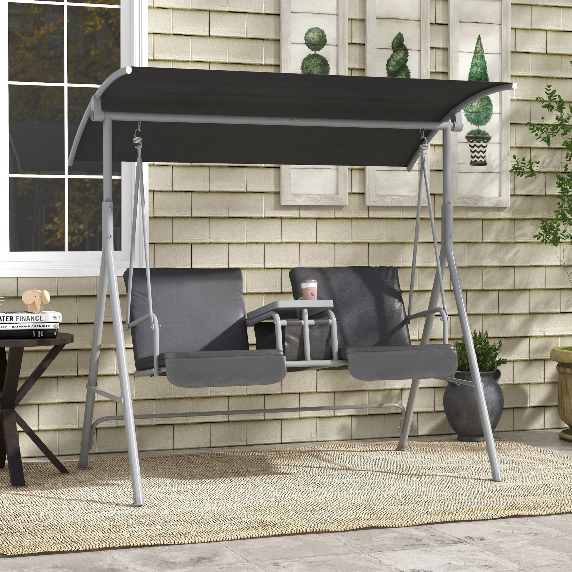 2-Seater Outdoor Porch Swing with Adjustable Canopy and Table, Patio Swing Chair for Garden, Poolside, Backyard, Grey Patio Swings with Stand Grey  at Gallery Canada