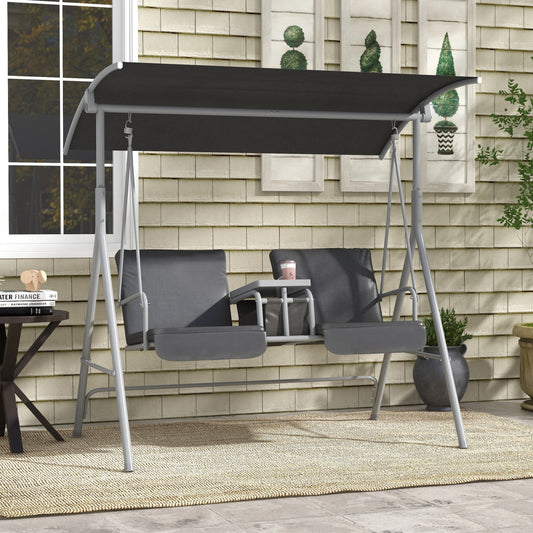 2-Seater Outdoor Porch Swing with Adjustable Canopy and Table, Patio Swing Chair for Garden, Poolside, Backyard, Grey Patio Swings with Stand   at Gallery Canada