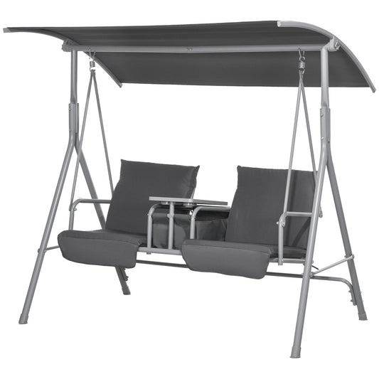 2-Seater Outdoor Porch Swing with Adjustable Canopy and Table, Patio Swing Chair for Garden, Poolside, Backyard, Grey Patio Swings with Stand   at Gallery Canada