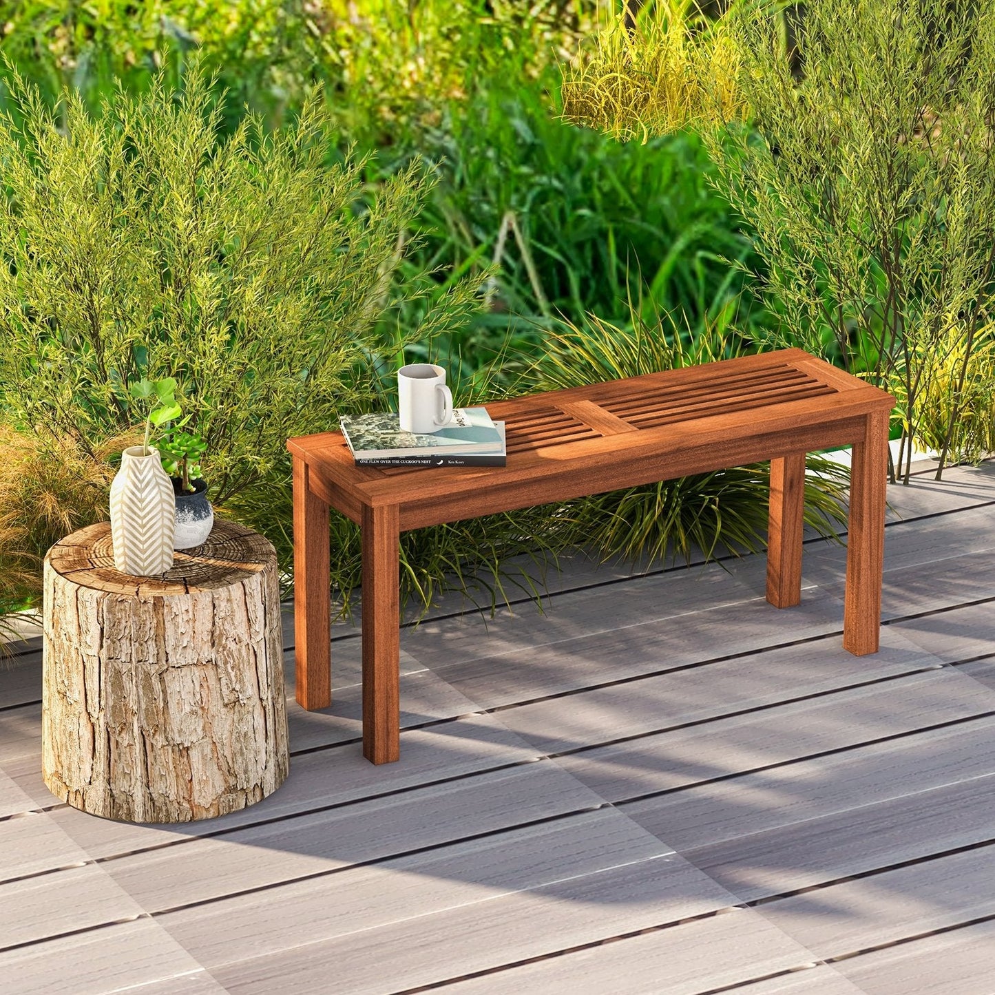 2-Seater Patio Backless Dining Bench with Breathable Slatted Seat, Natural Outdoor Benches   at Gallery Canada