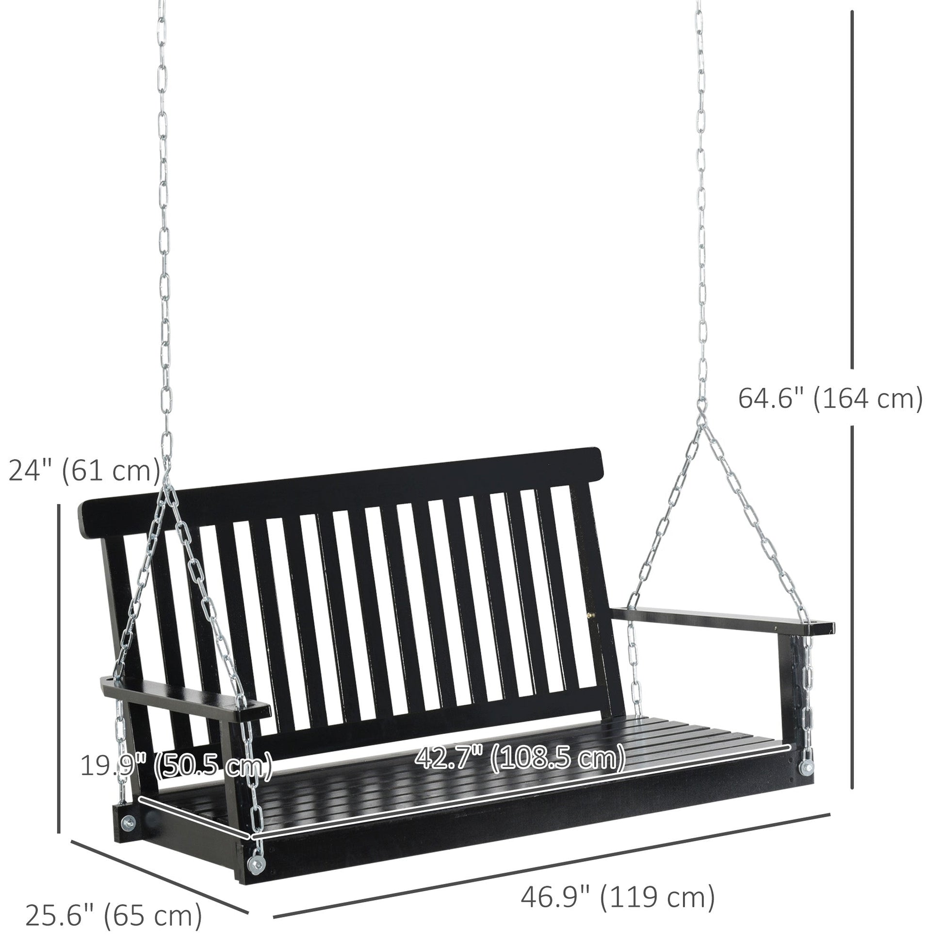 2-Seater Patio Swing Chair, Fir Wooden Porch Swing with Slatted Design, Hanging Chains for Outdoor, Garden, Black Hanging Porch Swings   at Gallery Canada