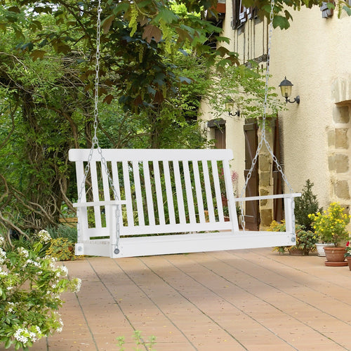 2-Seater Patio Swing Chair, Fir Wooden Porch Swing with Slatted Design, Hanging Chains for Outdoor, Garden, White