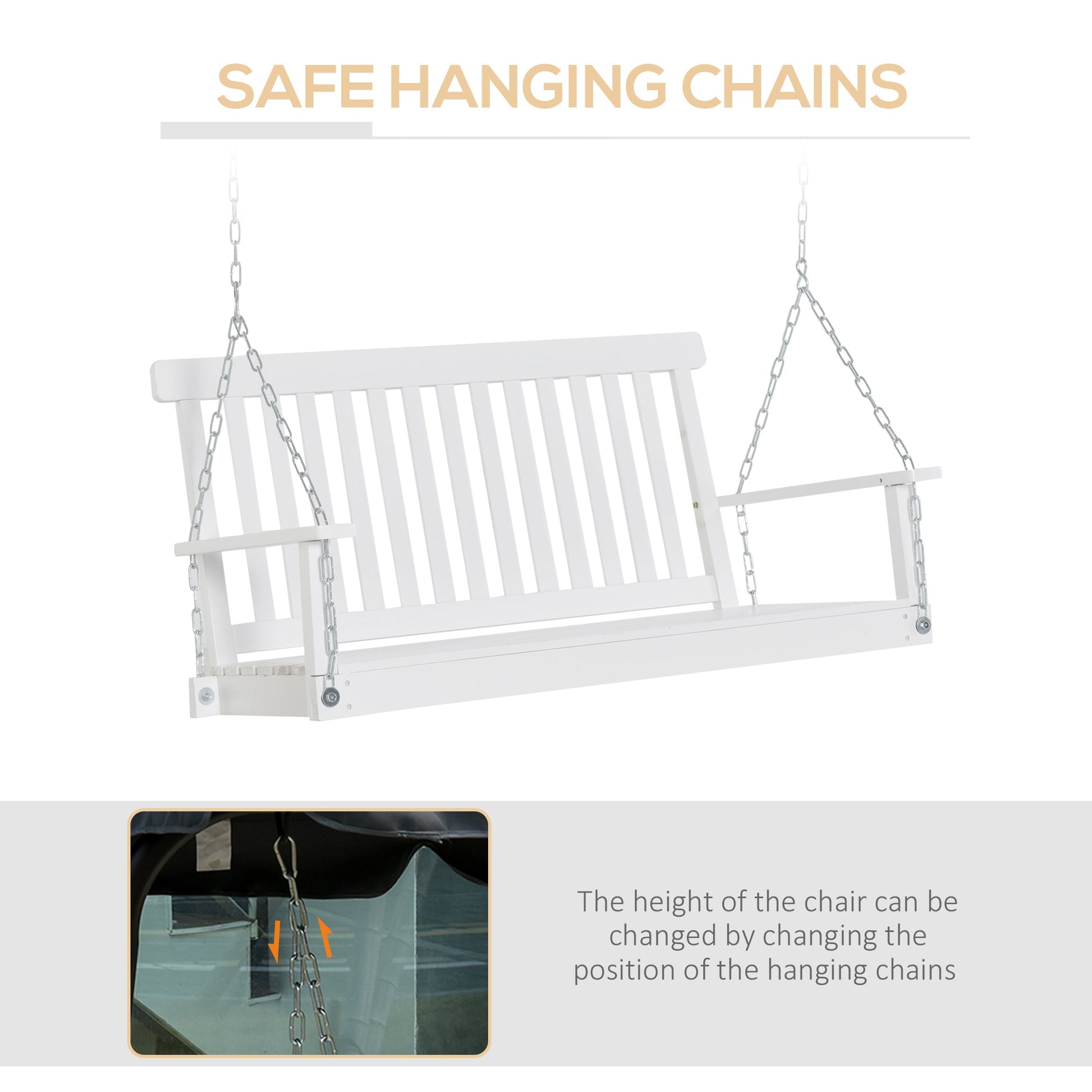 2-Seater Patio Swing Chair, Fir Wooden Porch Swing with Slatted Design, Hanging Chains for Outdoor, Garden, White Hanging Porch Swings   at Gallery Canada