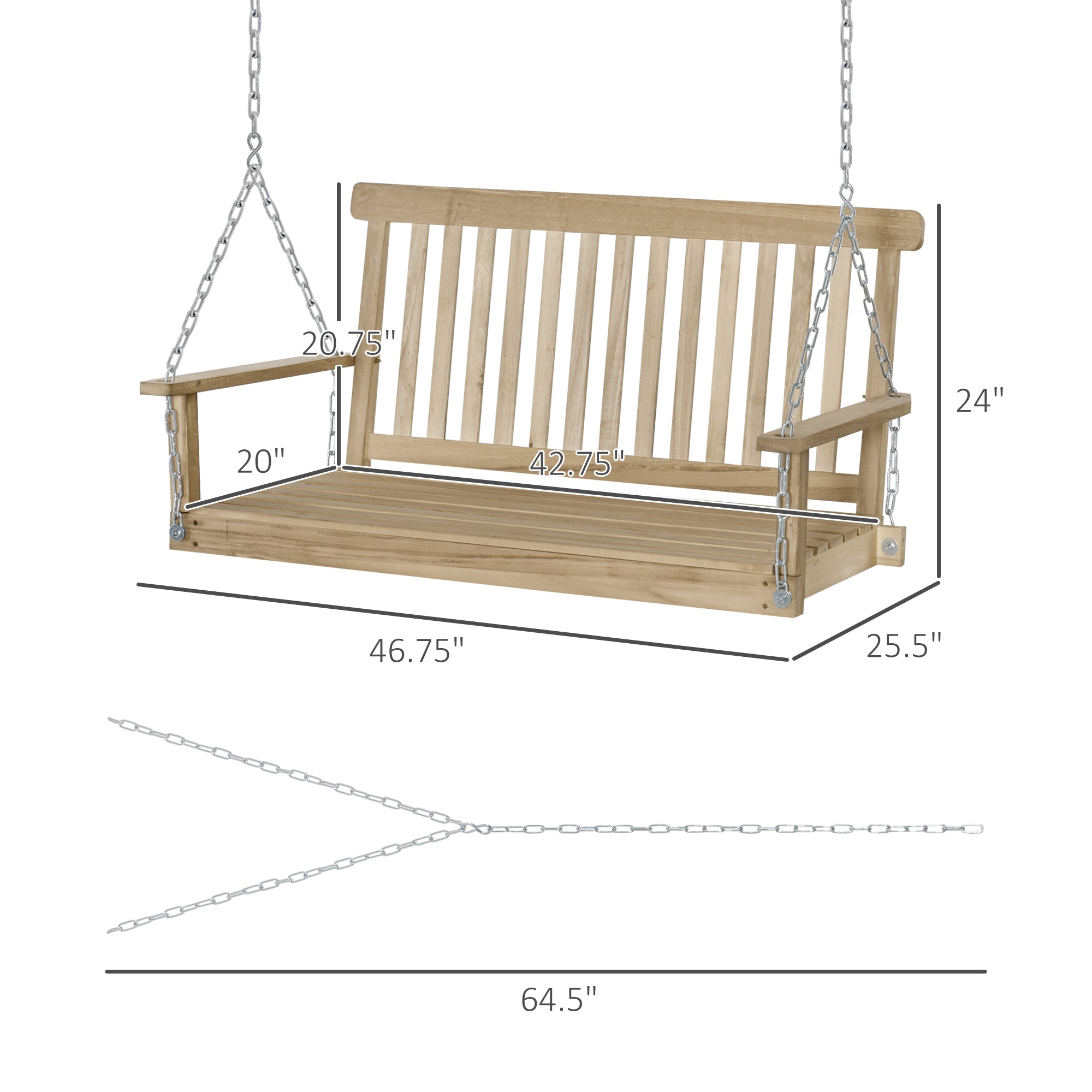 2-Seater Porch Swing Outdoor Patio Swing Chair Seat with Slatted Build, Hanging Chains, Fir Wooden Design, Natural Patio Swings with Stand   at Gallery Canada