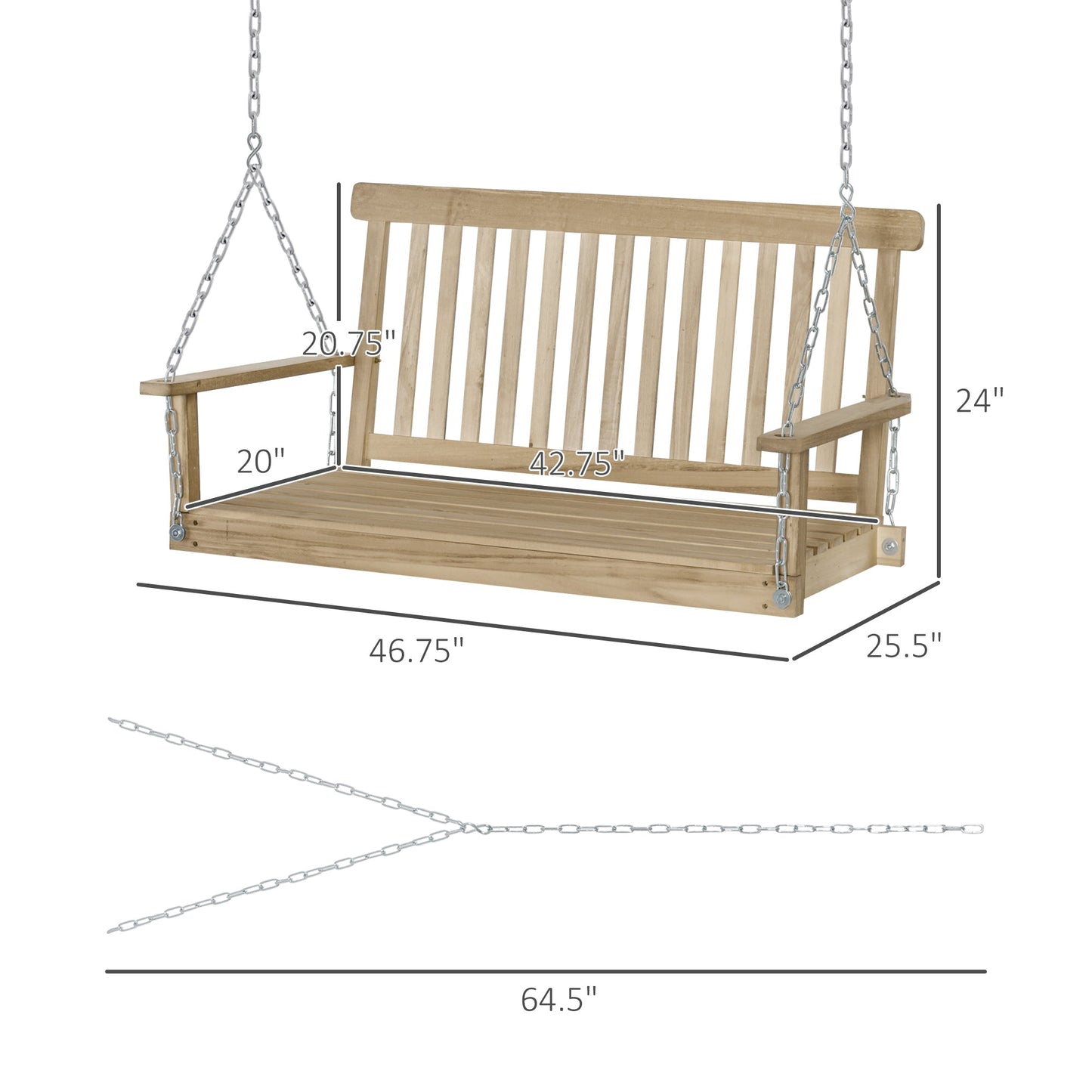 2-Seater Porch Swing Outdoor Patio Swing Chair Seat with Slatted Build, Hanging Chains, Fir Wooden Design, Natural Patio Swings with Stand   at Gallery Canada