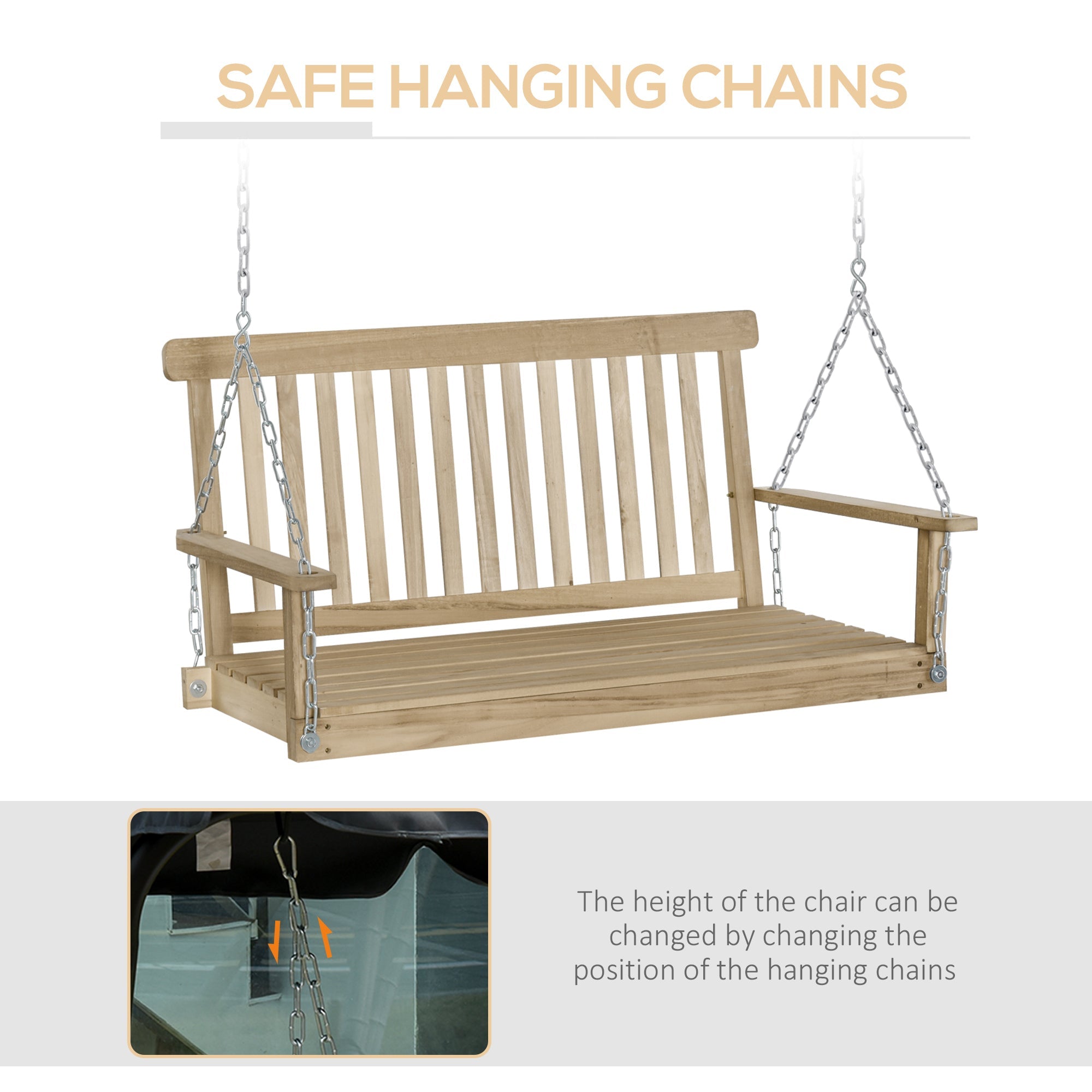 2-Seater Porch Swing Outdoor Patio Swing Chair Seat with Slatted Build, Hanging Chains, Fir Wooden Design, Natural Patio Swings with Stand   at Gallery Canada