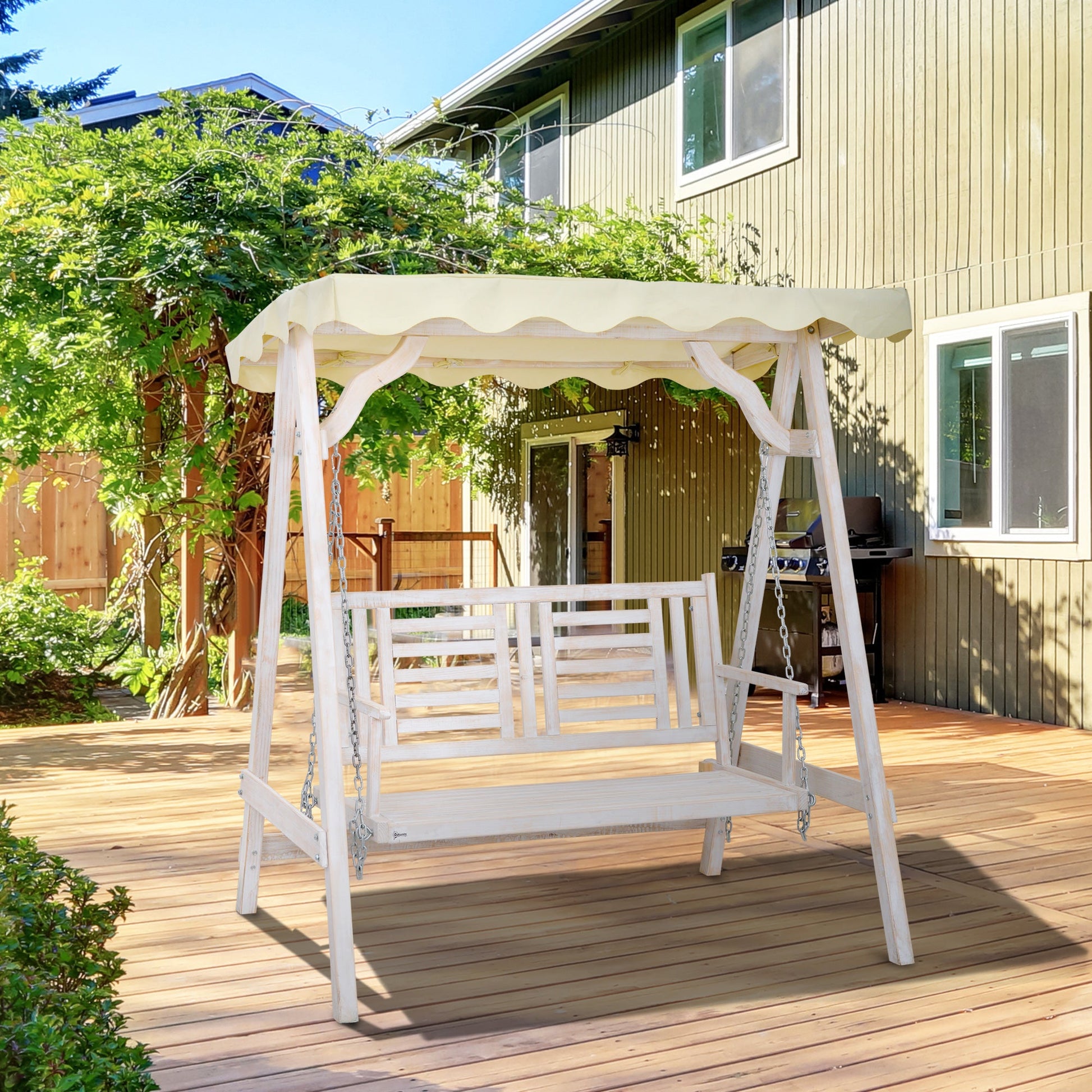 2 Seater Porch Swing w/ Stand, Canopy and Cushion, Outdoor Swing Chair Wooden Swinging Bench - Gallery Canada