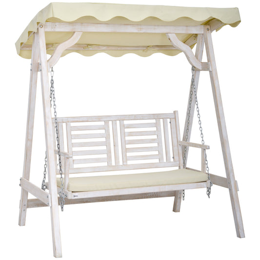 2 Seater Porch Swing w/ Stand, Canopy and Cushion, Outdoor Swing Chair Wooden Swinging Bench Patio Swings with Stand Beige and White  at Gallery Canada