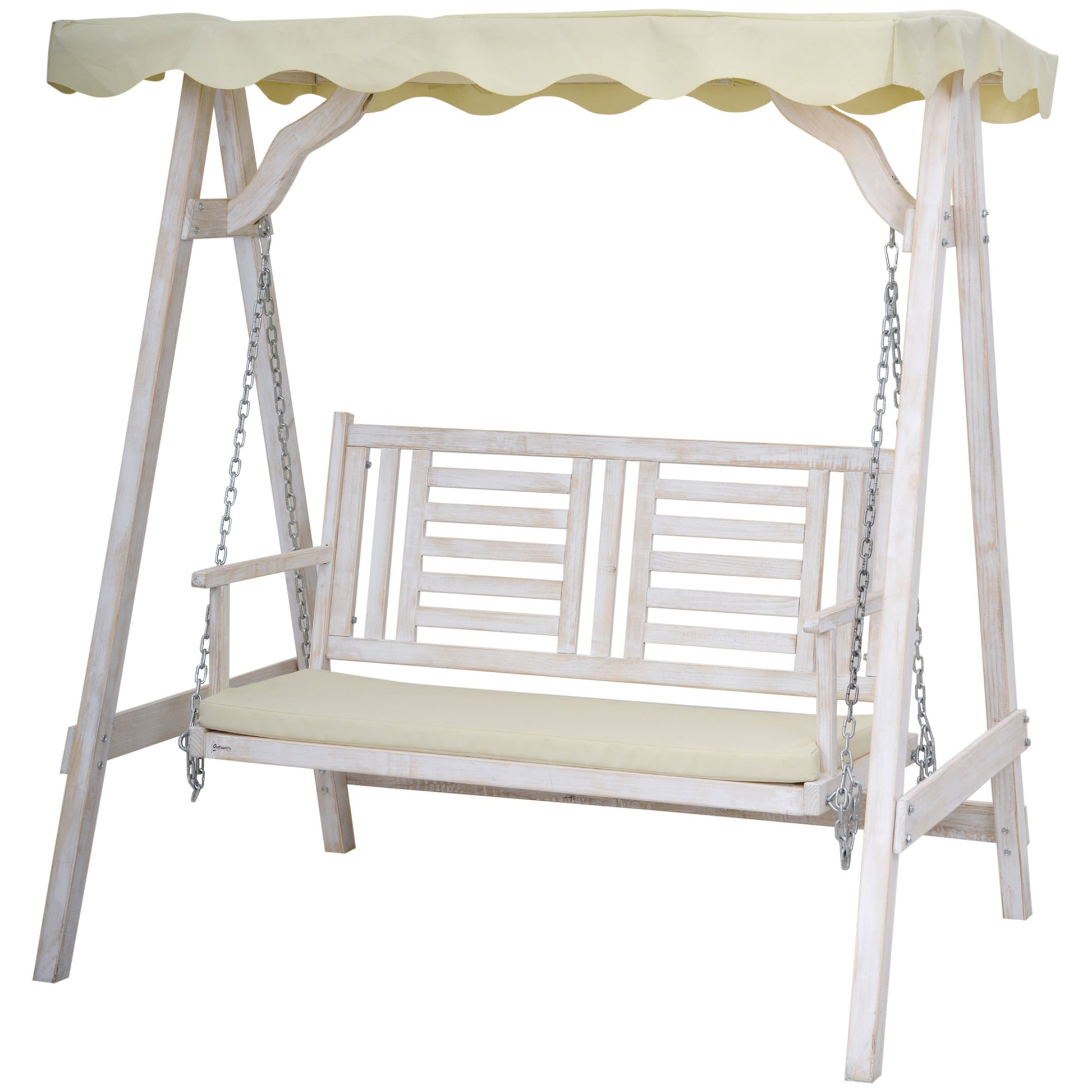 2 Seater Porch Swing w/ Stand, Canopy and Cushion, Outdoor Swing Chair Wooden Swinging Bench Patio Swings with Stand   at Gallery Canada