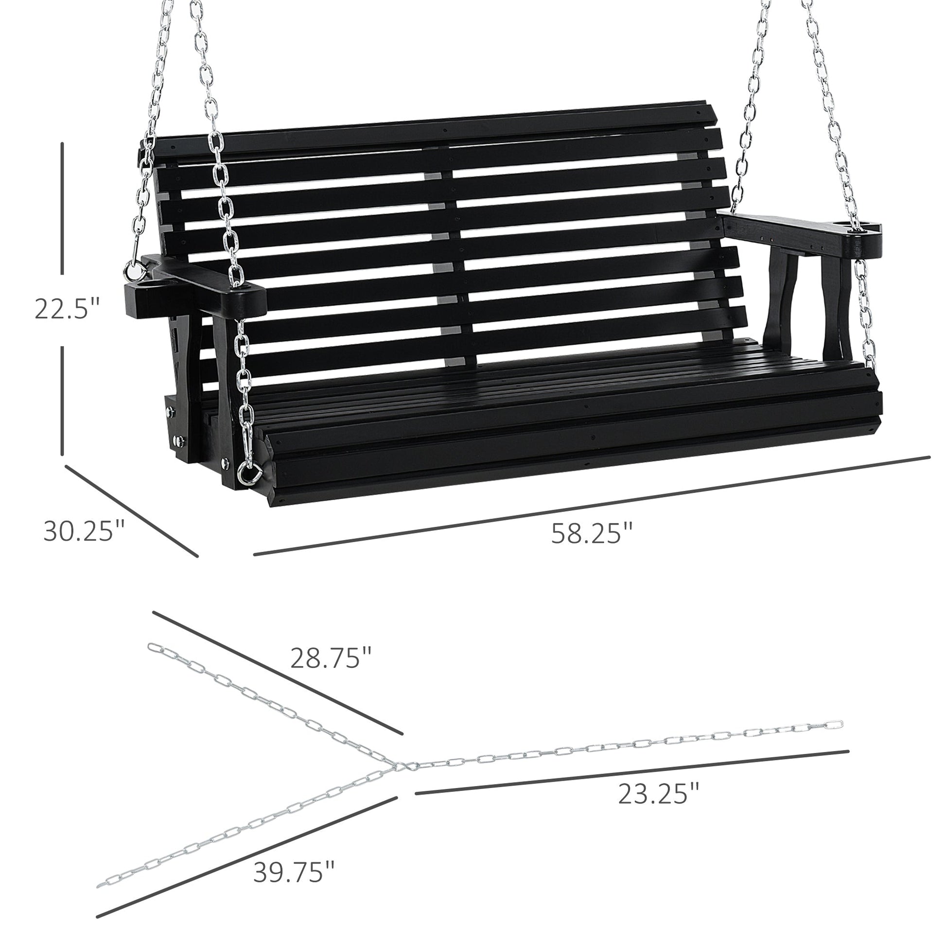 2 Seater Porch Swing Wooden Patio Swing Chair Seat with Cup Holder and Chains Outdoor Swing Bench for Garden Yard, Black Hanging Porch Swings   at Gallery Canada