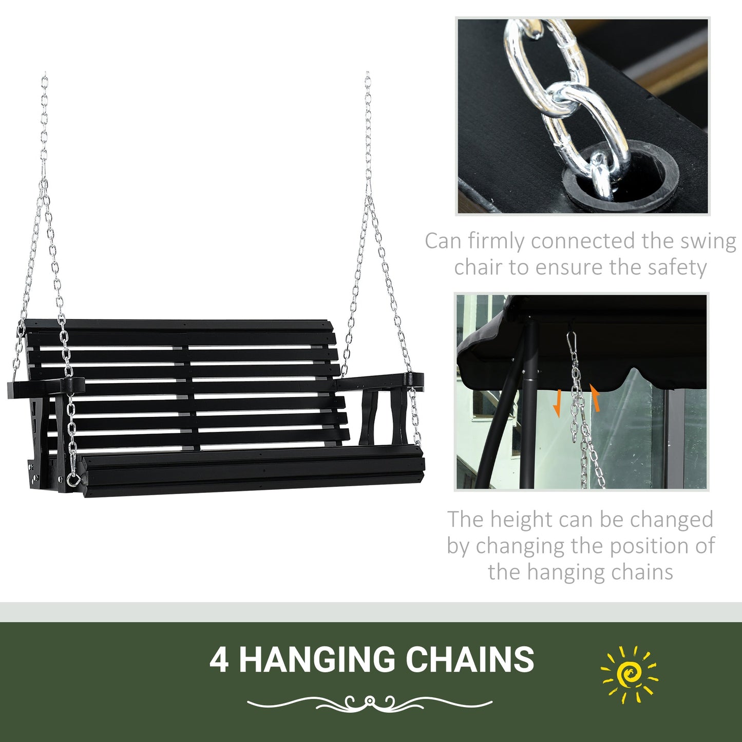 2 Seater Porch Swing Wooden Patio Swing Chair Seat with Cup Holder and Chains Outdoor Swing Bench for Garden Yard, Black Hanging Porch Swings   at Gallery Canada