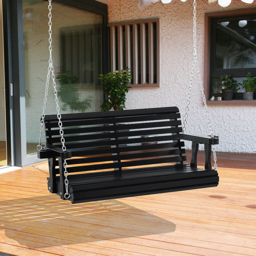 2 Seater Porch Swing Wooden Patio Swing Chair Seat with Cup Holder and Chains Outdoor Swing Bench for Garden Yard, Black