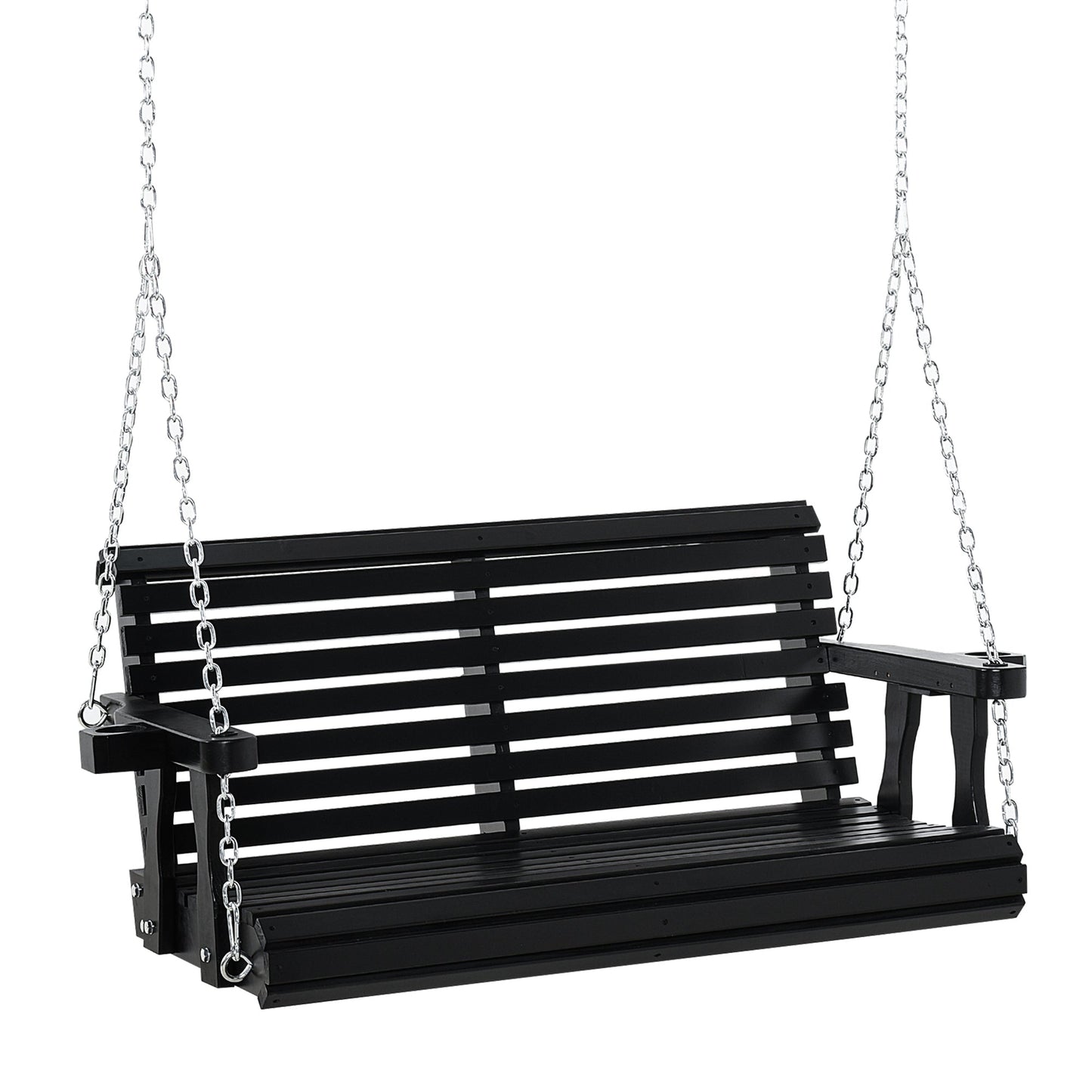 2 Seater Porch Swing Wooden Patio Swing Chair Seat with Cup Holder and Chains Outdoor Swing Bench for Garden Yard, Black Hanging Porch Swings Black  at Gallery Canada