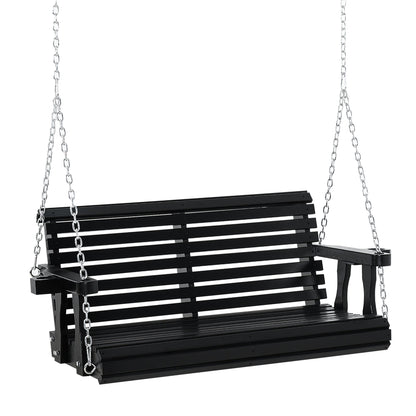 2 Seater Porch Swing Wooden Patio Swing Chair Seat with Cup Holder and Chains Outdoor Swing Bench for Garden Yard, Black Hanging Porch Swings Black  at Gallery Canada