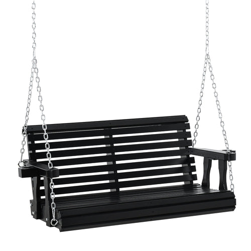 2 Seater Porch Swing Wooden Patio Swing Chair Seat with Cup Holder and Chains Outdoor Swing Bench for Garden Yard, Black