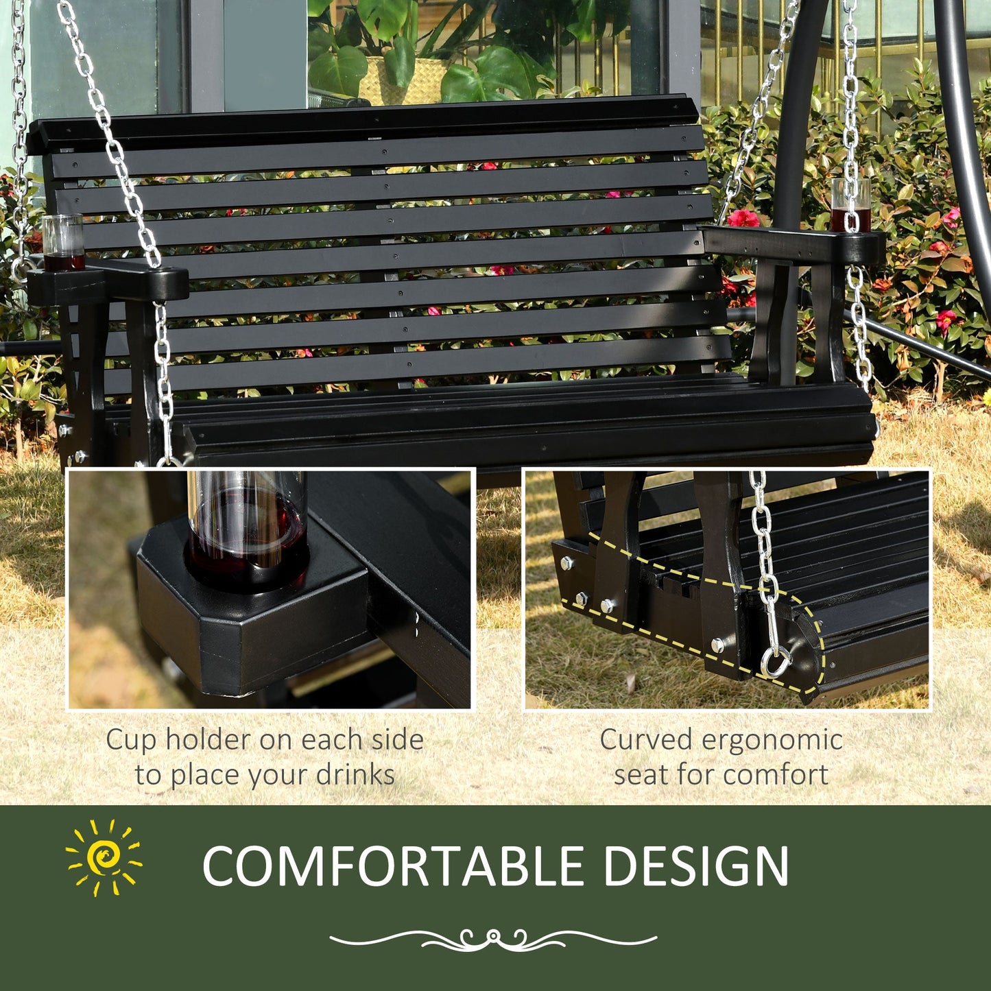 2 Seater Porch Swing Wooden Patio Swing Chair Seat with Cup Holder and Chains Outdoor Swing Bench for Garden Yard, Black Hanging Porch Swings   at Gallery Canada