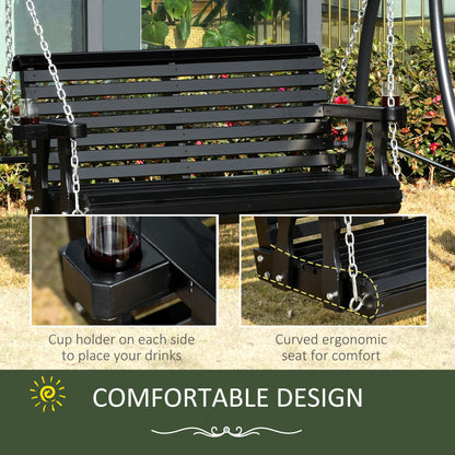 2 Seater Porch Swing Wooden Patio Swing Chair Seat with Cup Holder and Chains Outdoor Swing Bench for Garden Yard, Black Hanging Porch Swings   at Gallery Canada