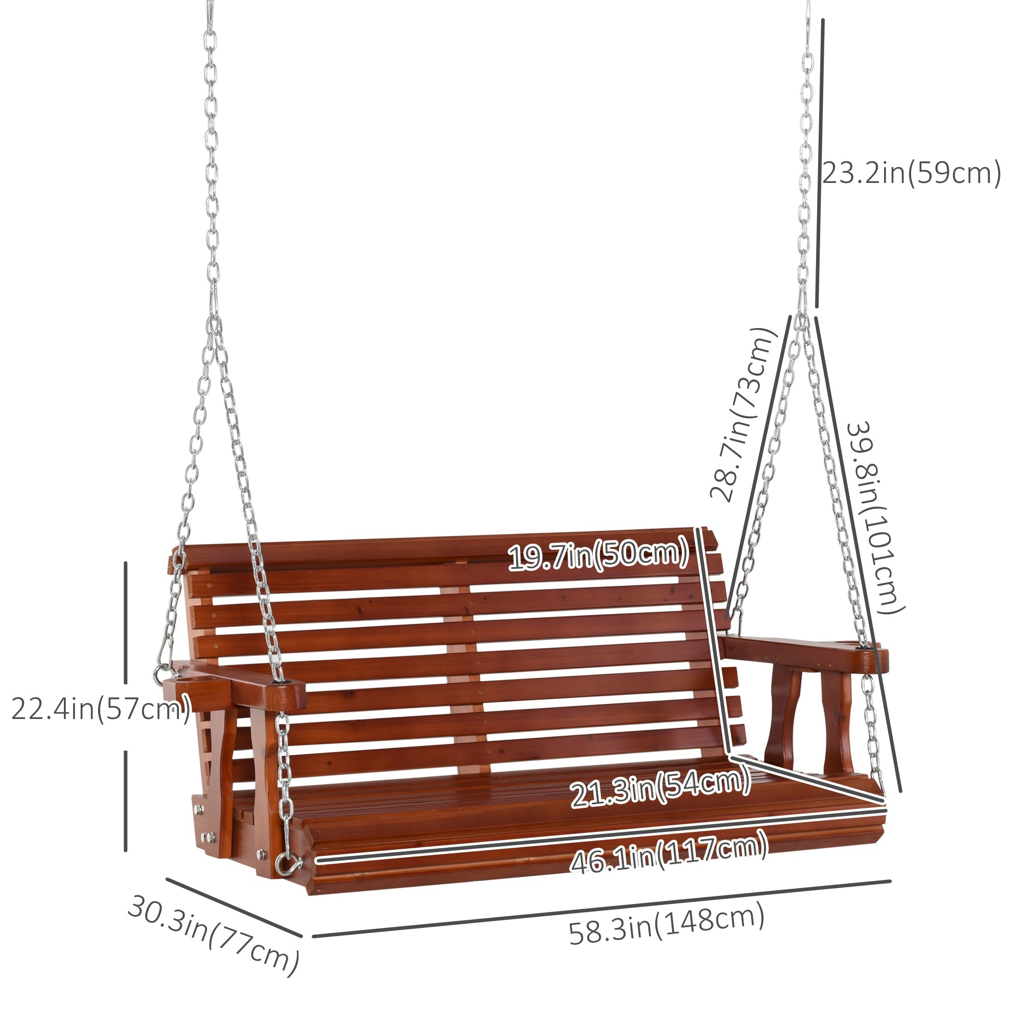 2 Seater Porch Swing Wooden Patio Swing Chair with Cup Holder and Chains Outdoor Swing Bench for Garden Yard, Brown Hanging Porch Swings   at Gallery Canada