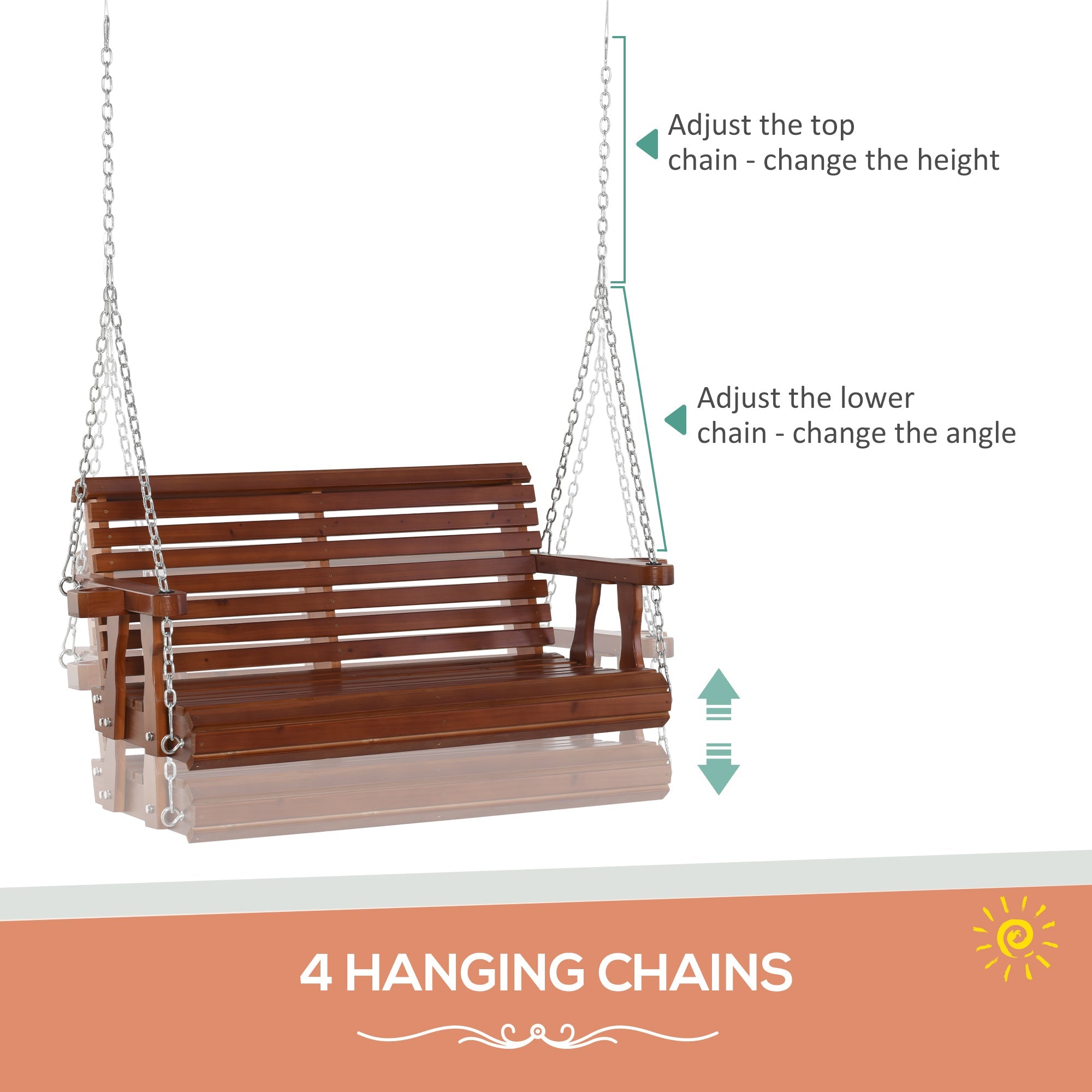 2 Seater Porch Swing Wooden Patio Swing Chair with Cup Holder and Chains Outdoor Swing Bench for Garden Yard, Brown Hanging Porch Swings   at Gallery Canada