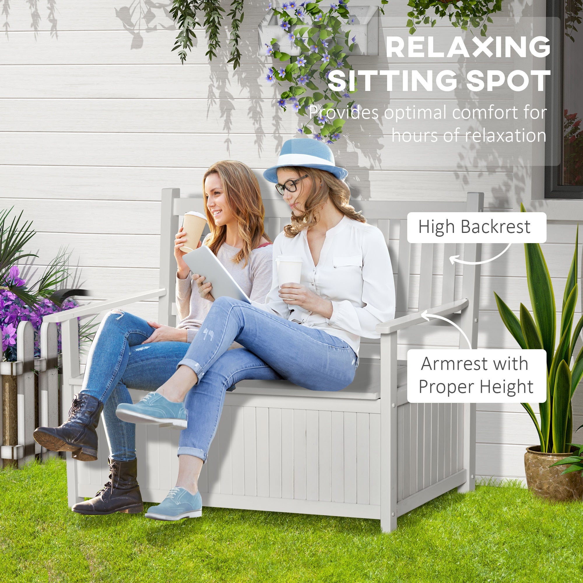 2-Seater Storage Garden Bench, Outdoor Patio Seating Furniture, Deck Box with Inner for Patio, Porch or Balcony, White Outdoor Benches   at Gallery Canada