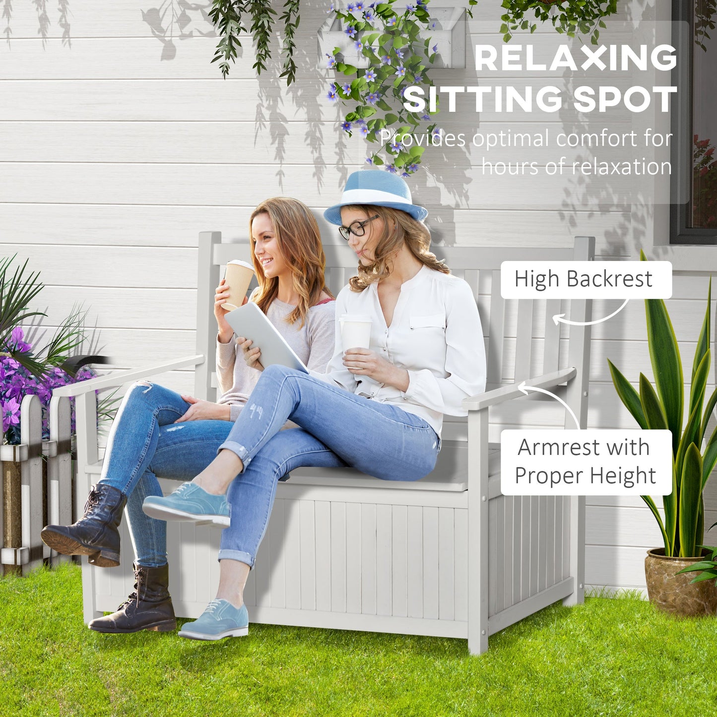 2-Seater Storage Garden Bench, Outdoor Patio Seating Furniture, Deck Box with Inner for Patio, Porch or Balcony, White Outdoor Benches   at Gallery Canada