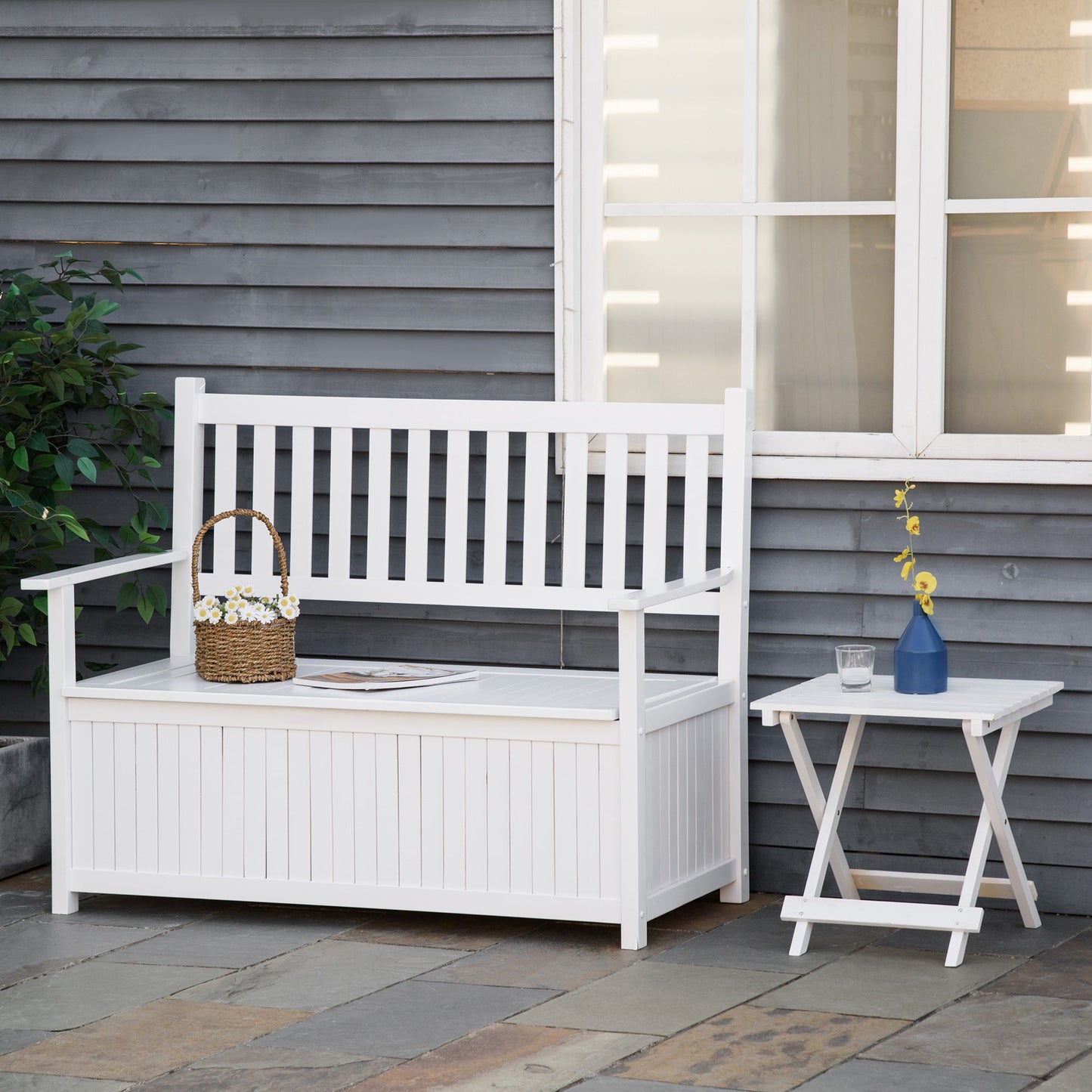 2-Seater Storage Garden Bench, Outdoor Patio Seating Furniture, Deck Box with Inner for Patio, Porch or Balcony, White Outdoor Benches   at Gallery Canada