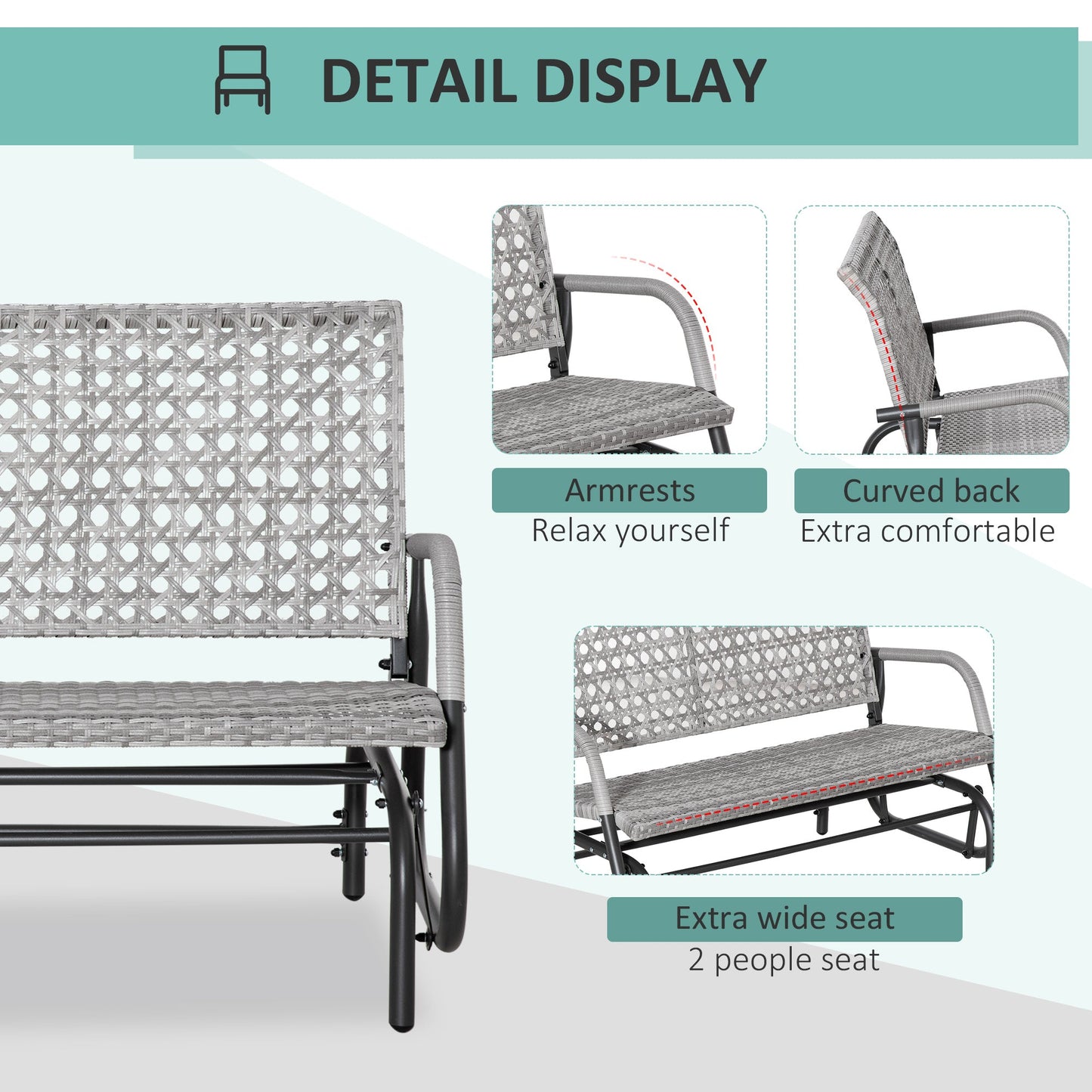 Extra Wide 2-Seater Wicker Glider Bench with Curved Backrest, Mixed Grey Outdoor Gliders   at Gallery Canada