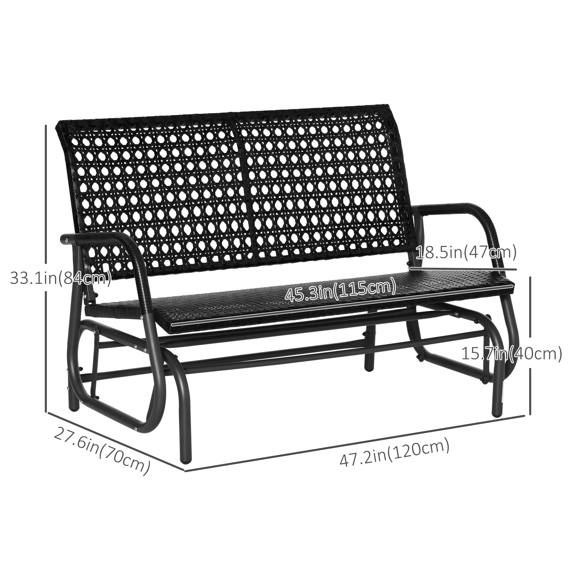 Extra Wide 2-Seater Wicker Outdoor Glider Bench with Curved Backrest, Black Outdoor Gliders   at Gallery Canada