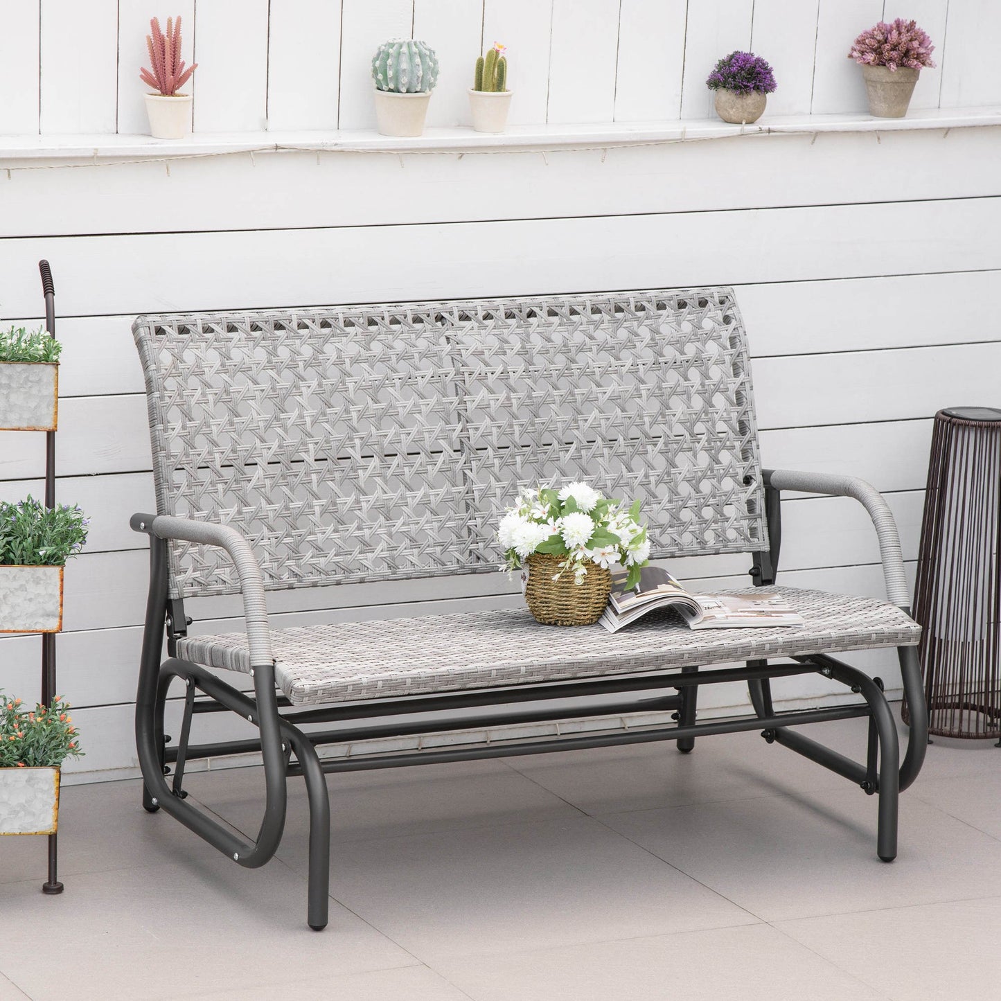 Extra Wide 2-Seater Wicker Glider Bench with Curved Backrest, Mixed Grey Outdoor Gliders   at Gallery Canada