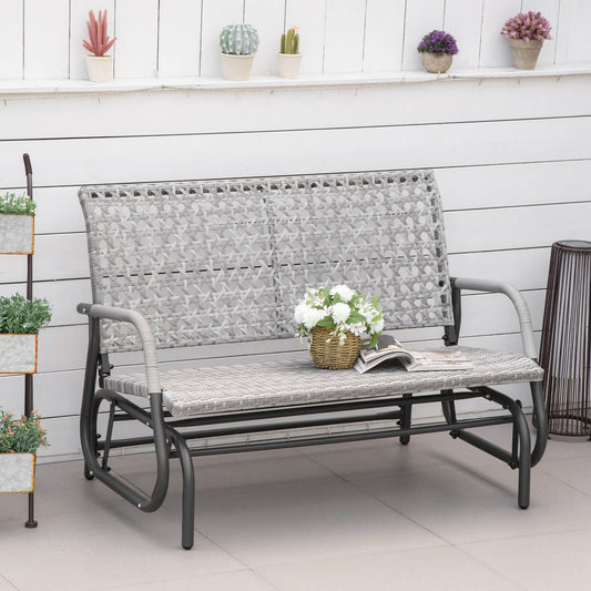 2 Seater Wicker Outdoor Glider Bench, Patio Swing Rocker Chair Garden Bench, Garden Loveseat Rocking Chair, w/ Extra Wide Seat and Curved Backrest for Backyard, Poolside, Lawn, Mixed Grey - Gallery Canada