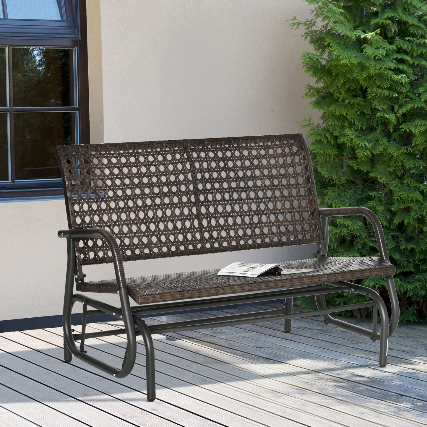 Extra Wide 2-Seater Wicker Glider Bench with Curved Backrest for Outdoors, Brown Outdoor Gliders   at Gallery Canada