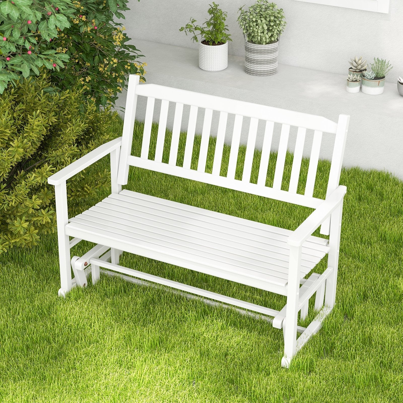 2 Seats Outdoor Glider Bench with Armrests and Slatted Seat, White Patio Rocking Chairs & Gliders   at Gallery Canada