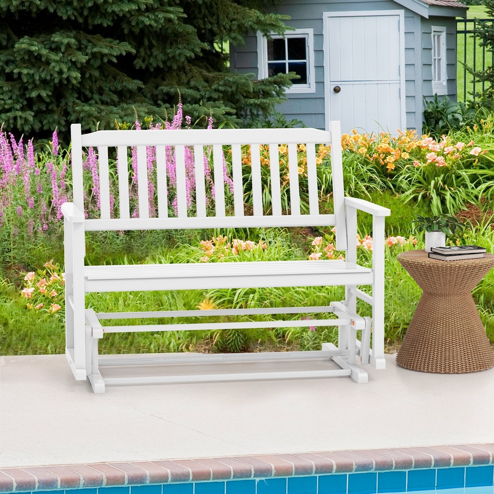 2 Seats Outdoor Glider Bench with Armrests and Slatted Seat, White Patio Rocking Chairs & Gliders   at Gallery Canada