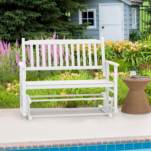 2 Seats Outdoor Glider Bench with Armrests and Slatted Seat, White