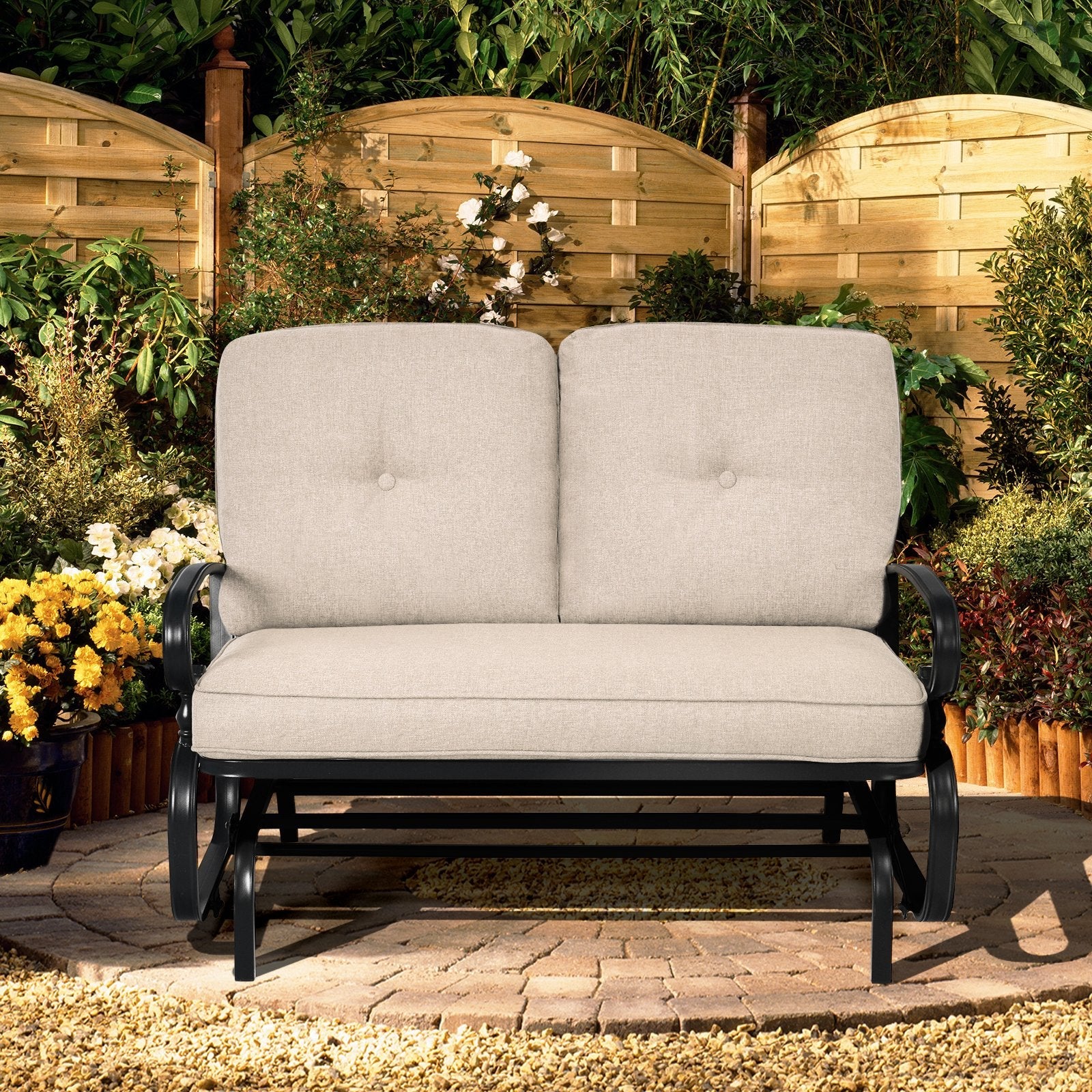 2 Seats Outdoor Swing Glider Chair with Comfortable Cushions, Beige Patio Rocking Chairs & Gliders   at Gallery Canada