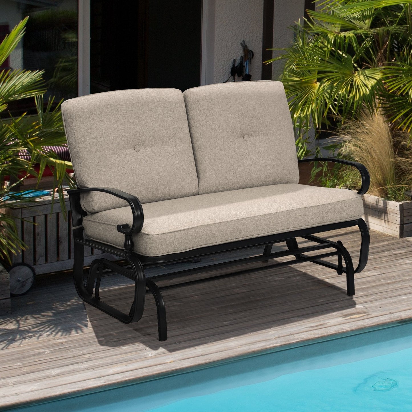 2 Seats Outdoor Swing Glider Chair with Comfortable Cushions, Beige Patio Rocking Chairs & Gliders   at Gallery Canada